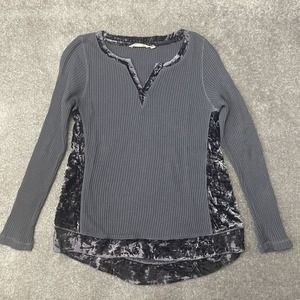 Soft Surroundings Shirt Womens Petite Small Blue Waffle Knit Crushed Velvet Trim